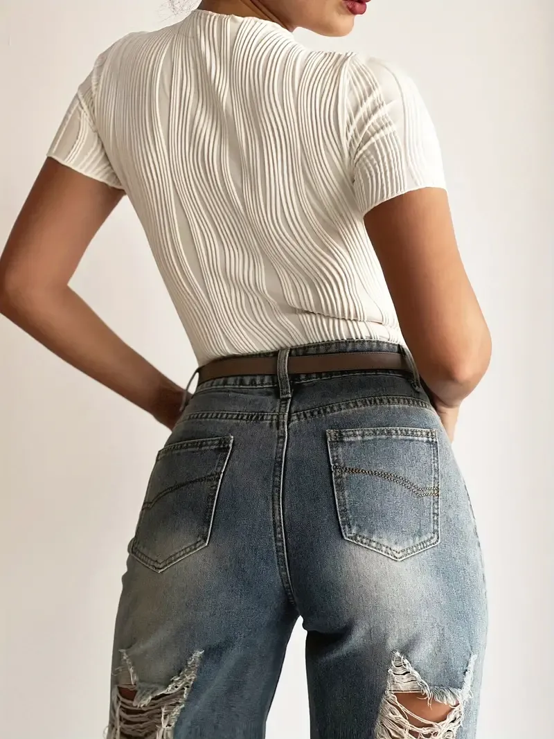 Solid Crew Neck Textured T-Shirt, Casual Short Sleeve T-Shirt For Spring & Summer, Women's Clothing