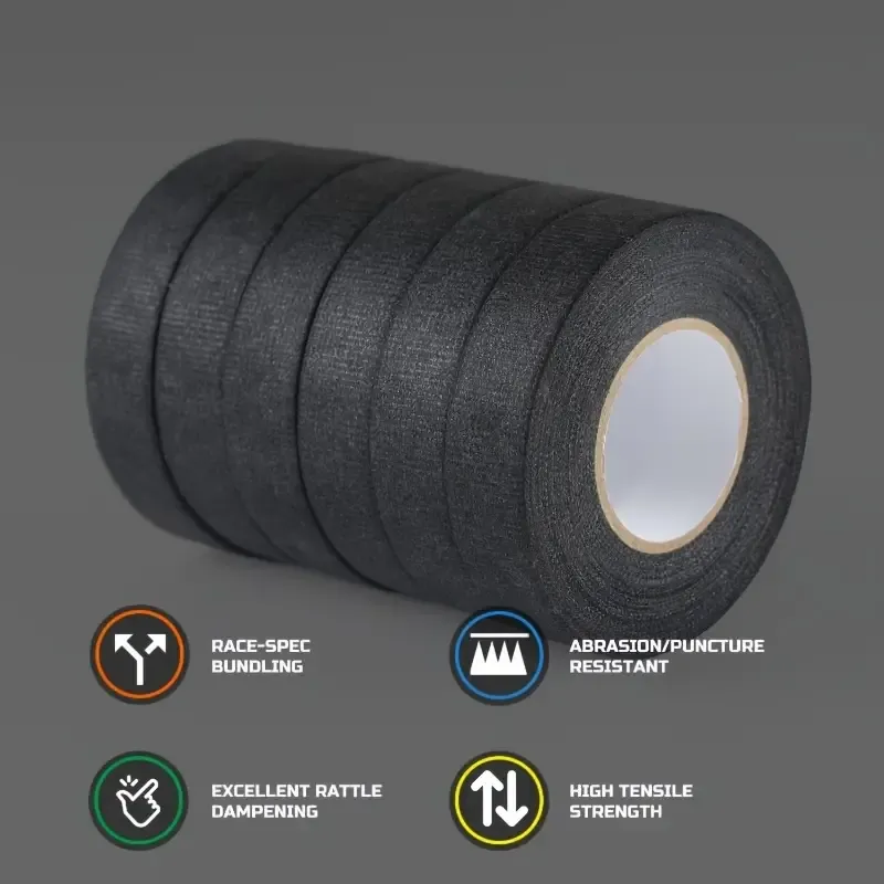 4-Pack Black Fabric Adhesive Tape for Speaker Wiring Harnesses, Uncharged Power Mode, Universal Driving Position, Noise Reduction, Heat Insulation, Car Wire Management, 15mm x 15m Without Battery