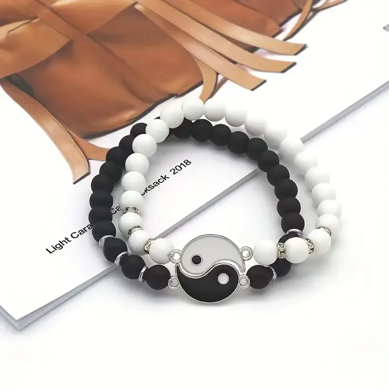 2pcs Yin Yang Tai Chi Bracelets For Women, Elegant & Vintage Beaded Bracelets, Fashion Versatile Jewelry Accessory