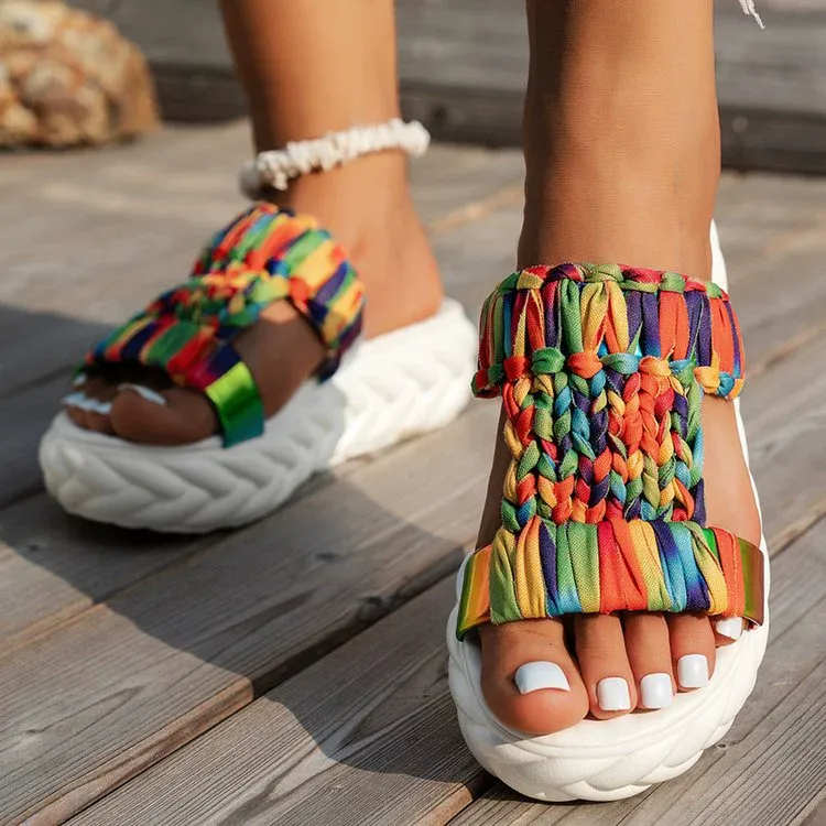 Candy-colored women's slip-on sandals with platform heels and thick soles