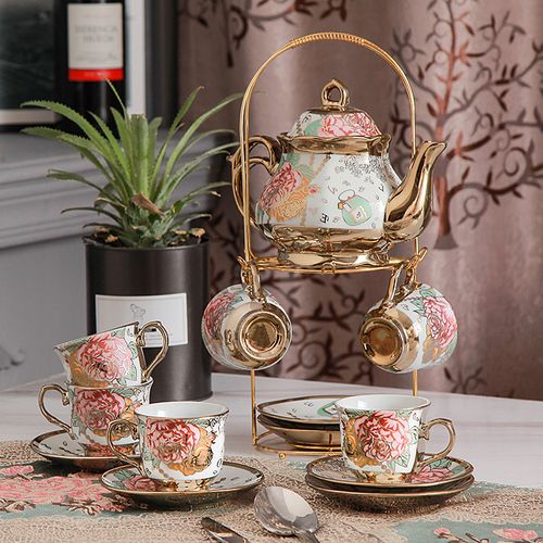 Deluxe Floral Ceramic Tea Set with Golden Stand - 13-Piece Hand-Painted Tea Service for 6, Includes Cups, Saucers, Spoons, Teapot - BPA Free, Hand Wash Only, Leak Proof, Insulated for Mother's Day, Thanksgiving, Elegant Gifting