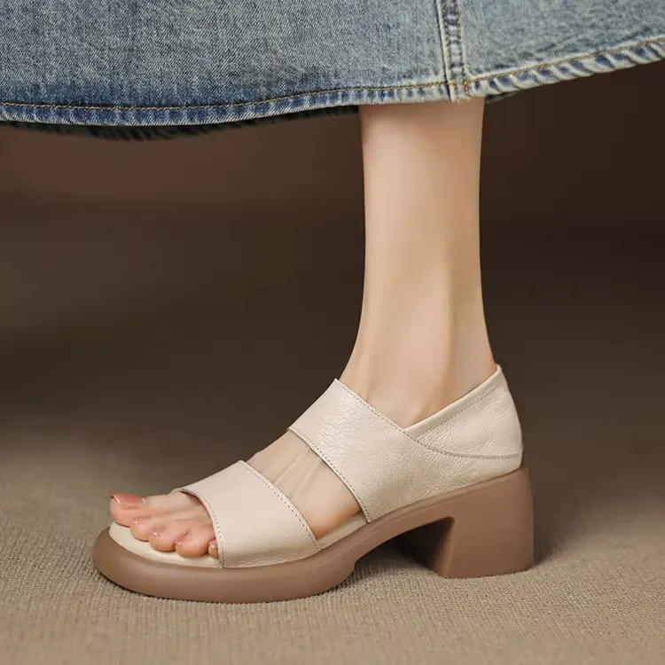 Ultra-soft genuine leather soft-soled one-piece slip-on fish-mouthed sandals for women
