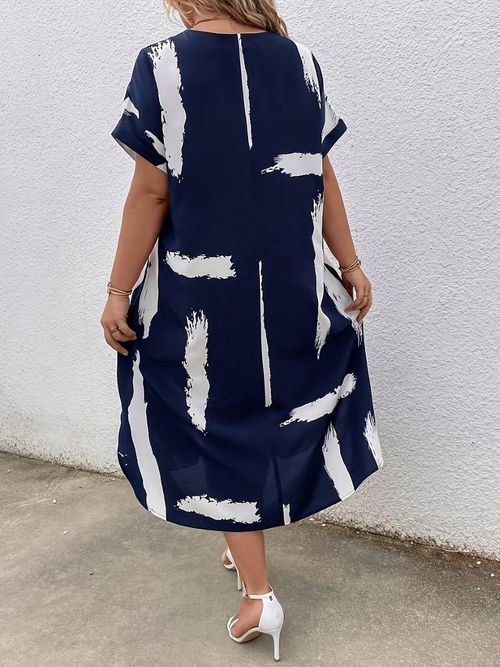 Plus Size Casual Dress, Women's Plus Brush Print Short Sleeve V Neck Slight Stretch Maxi Dress With Belt