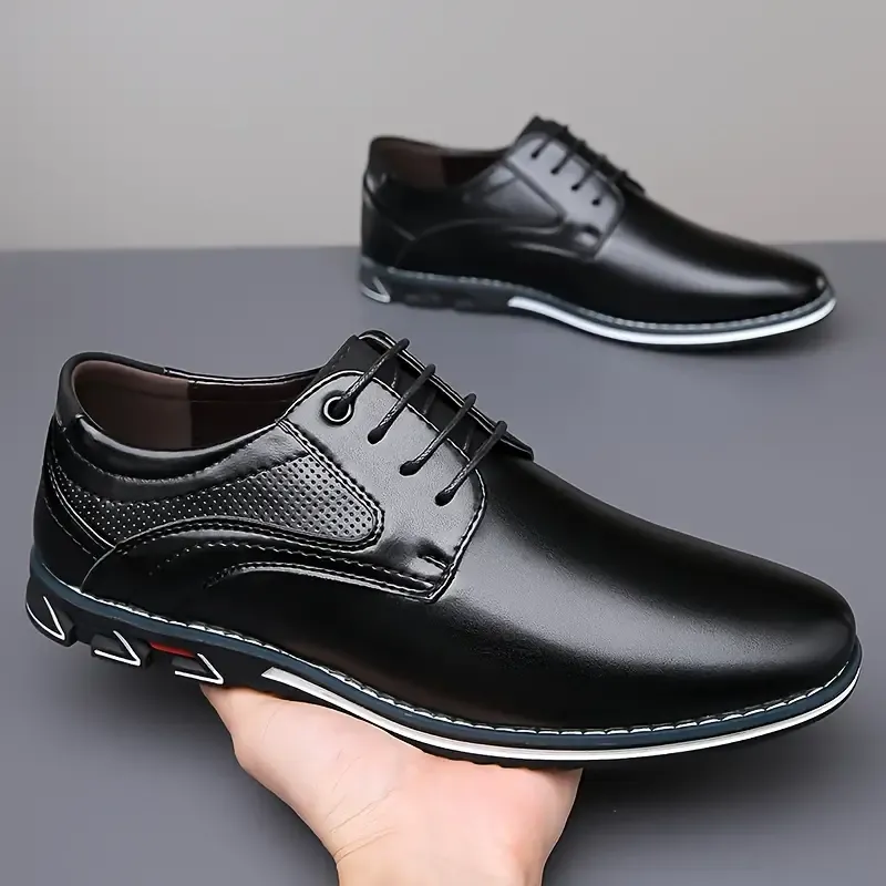 Men's PLUS SIZE PU Leather Solid Casual Shoes, Wear-resistant Non Slip Lace-up Dress Shoes, Men's Office Daily Footwear