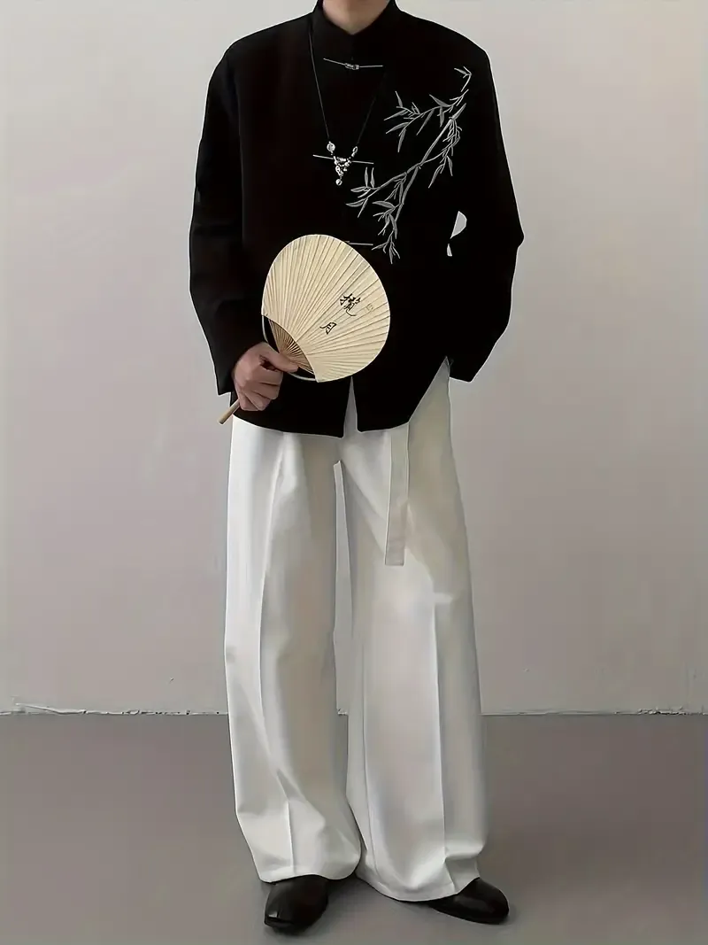 Chic Spring/Summer Design Men's Traditional Chinese Style Jacket with Bamboo Leaf Embroidery - Relaxed Fit, Long Sleeves, Single Button Closure, and Pockets
