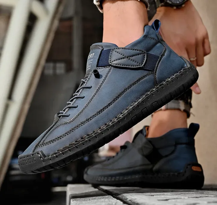 Retro stitching mid-high top fashion casual men's leather shoes