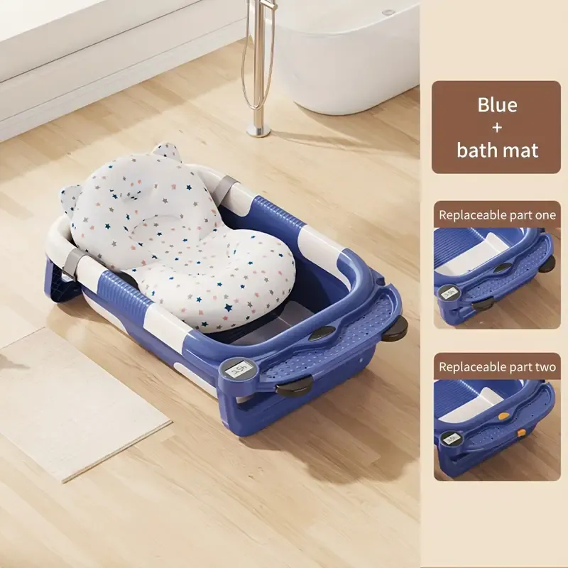 Foldable Baby Bathtub with Temperature-Sensitive Bath Mat, 3-Panel Design, Polypropylene PP Material, 27.16 x 16.92 x 8.36 inches - Compact and Portable for Easy Storage