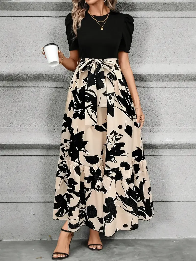 Lace Up Floral Print Splicing Dress, Elegant Crew Neck Short Sleeve Dress For Spring & Summer, Women's Clothing