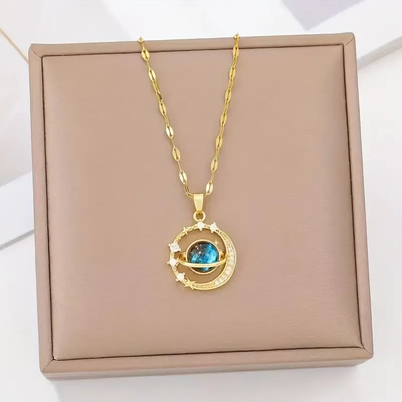 1pc Trendy And Fashionable Necklace, Starry Planet Gorgeous Pendant Stainless Steel Necklace, Suitable For Girls' Birthday Gifts