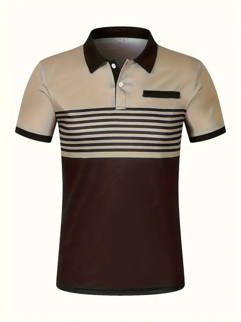 Men's Color Block Striped Executive Shirt, Casual Short Sleeve Shirt For Summer Outdoor