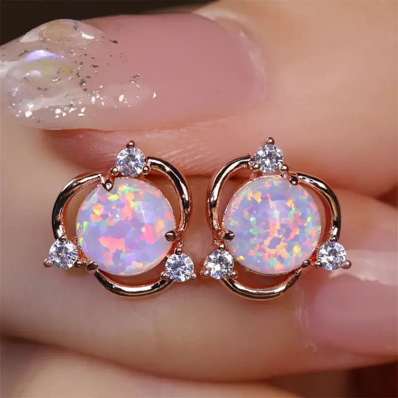 Copper Exquisite Stud Earrings with Opal, Tiny Flower Design, Elegant Vintage Style for Valentine's Day Gift