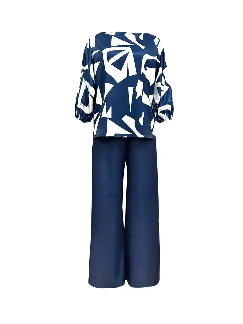 Women's Elegant Printed Top and Wide-Leg Pants Set, Polyester Blend, Off-Shoulder or One-Shoulder,  Two-Piece Outfit