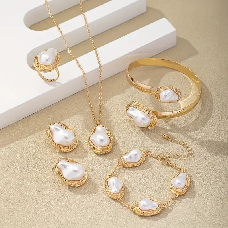 Fashion European and American Style Jewelry Set Irregular Imitation Pearl Necklace Earrings Bracelet Ring Bracelet Combination Jewelry Set Women's Romantic Jewelry Gift