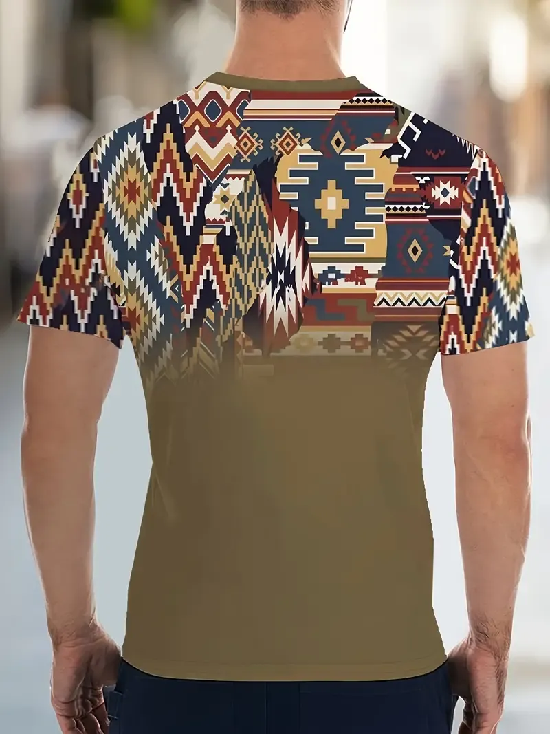 Men's Casual Fashion Geometric Print T-Shirt, 100% Polyester, Crew Neck, Regular Fit, Knit Fabric with Slight Stretch