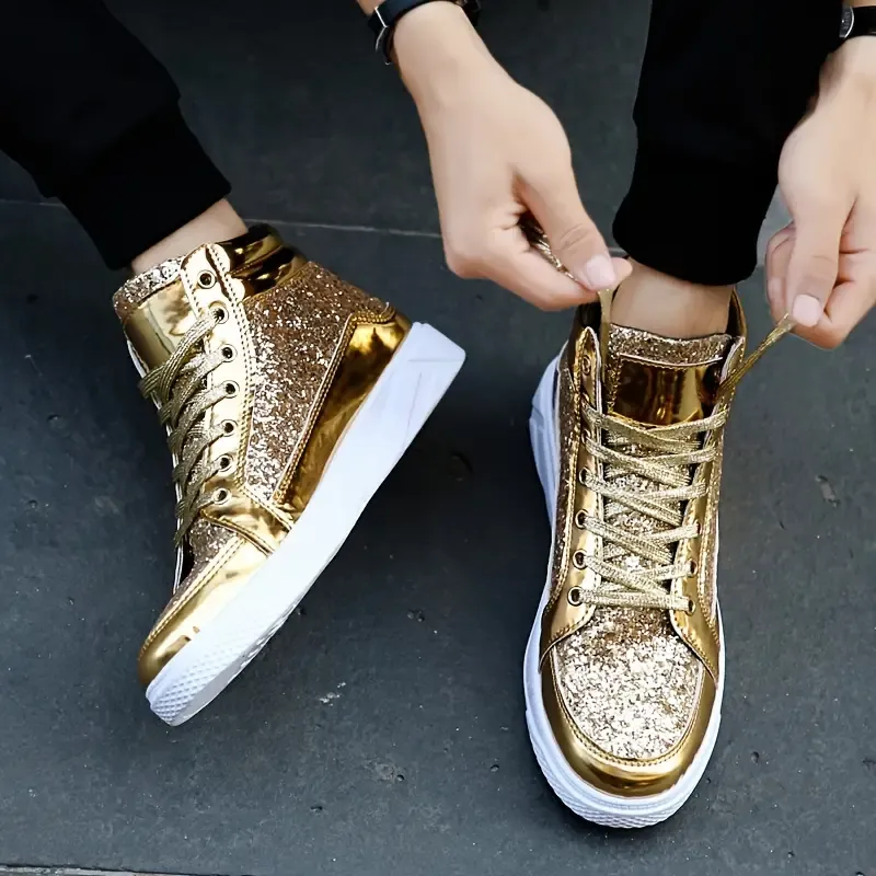 Men's Faux Patent Leather High Top Skate Shoes, Comfy Non Slip Street Style Sneakers For Men's Outdoor Activities
