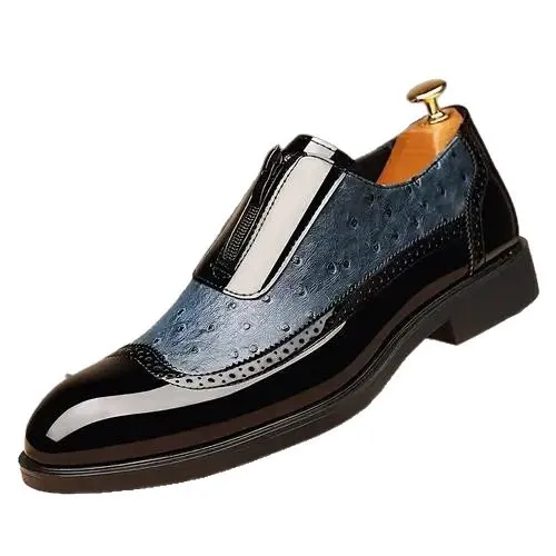 Formal leather shoes with embossed patterns, zip fastening, pointed toe, men's shoes Shiny leather Chelsea boots for men