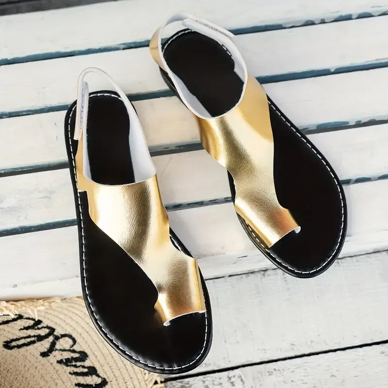 Women's Solid Color Casual Sandals, Ankle Strap Lightweight Slip On Walking Shoes, Toe Loop Vacation Shoes