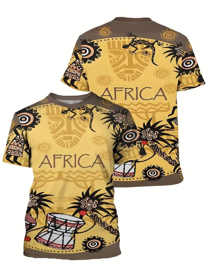 AFRICA Themed 3D Ethnic Pattern Print Men's Crew Neck Short