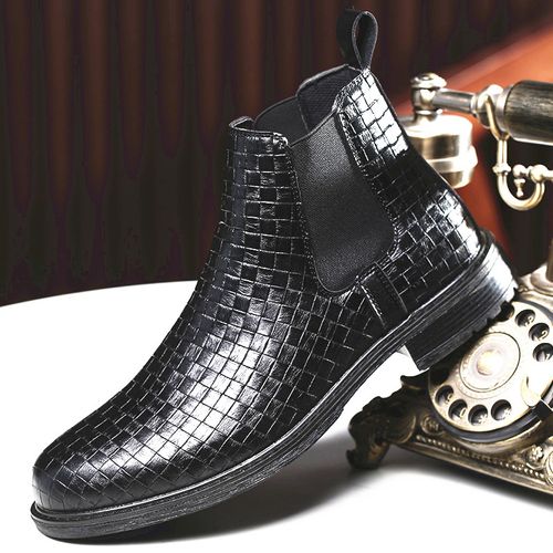 Men's woven texture Chelsea casual Martin boots, glossy high elasticity men's boots