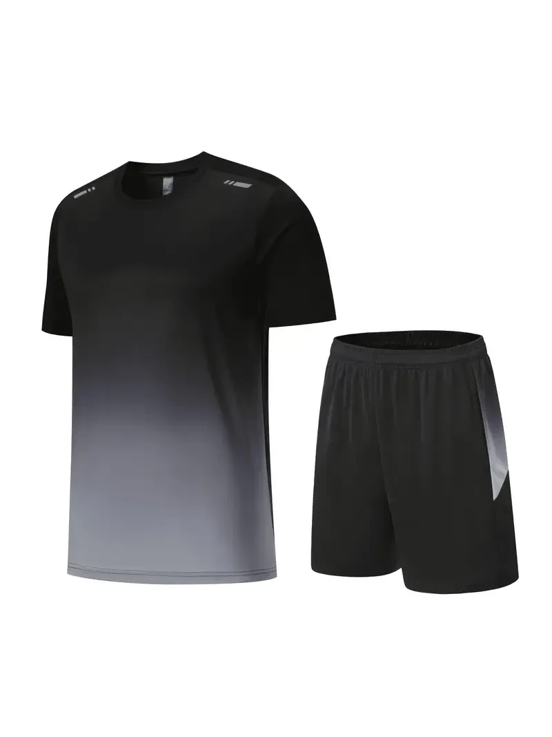Men's Quick-Dry Gradient Sports Set - 2pcs, Short Sleeve T-Shirt & Shorts for Running, Fitness & Casual Wear