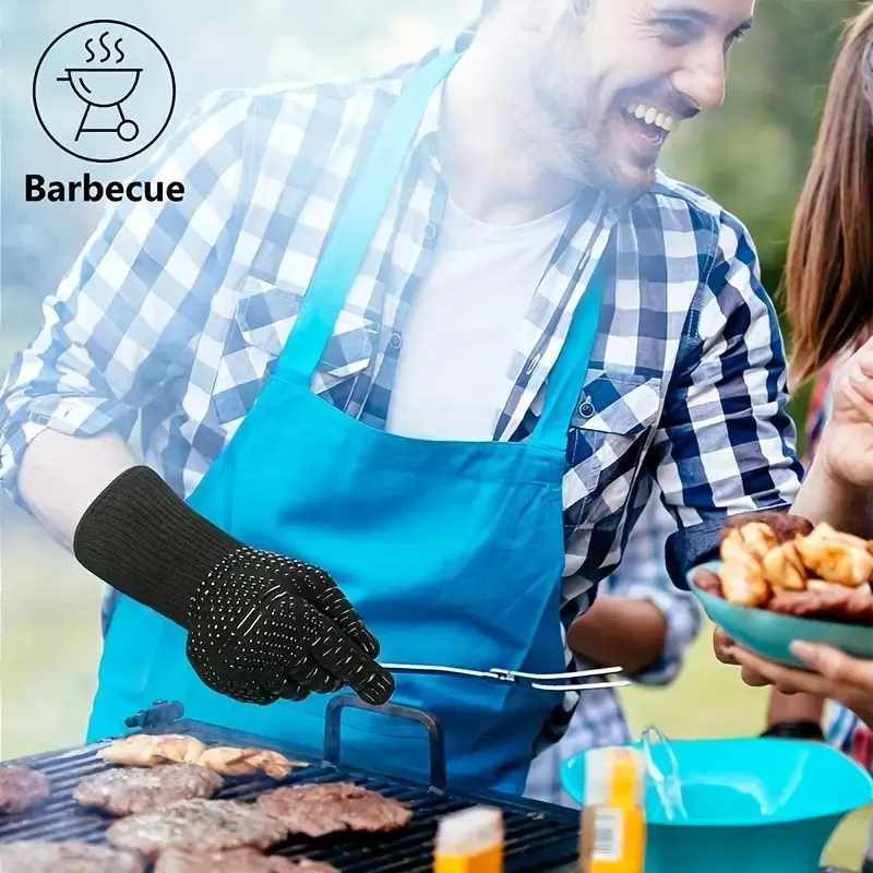 1 pair Fireproof Oven Gloves - Heat Resistant, Cut-Resistant, Non-Slip, Silicone BBQ Gloves for Men - Kitchen Safe Cooking Gloves for Smoker, Grill, Baking, Outdoor Camping, Picnic, Cookware Barbecue Tool Accessories
