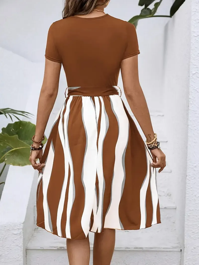 Striped Print Tie Waist Splicing Dress, Versatile Short Sleeve Dress For Spring & Summer, Women's Clothing For Elegant Dressing