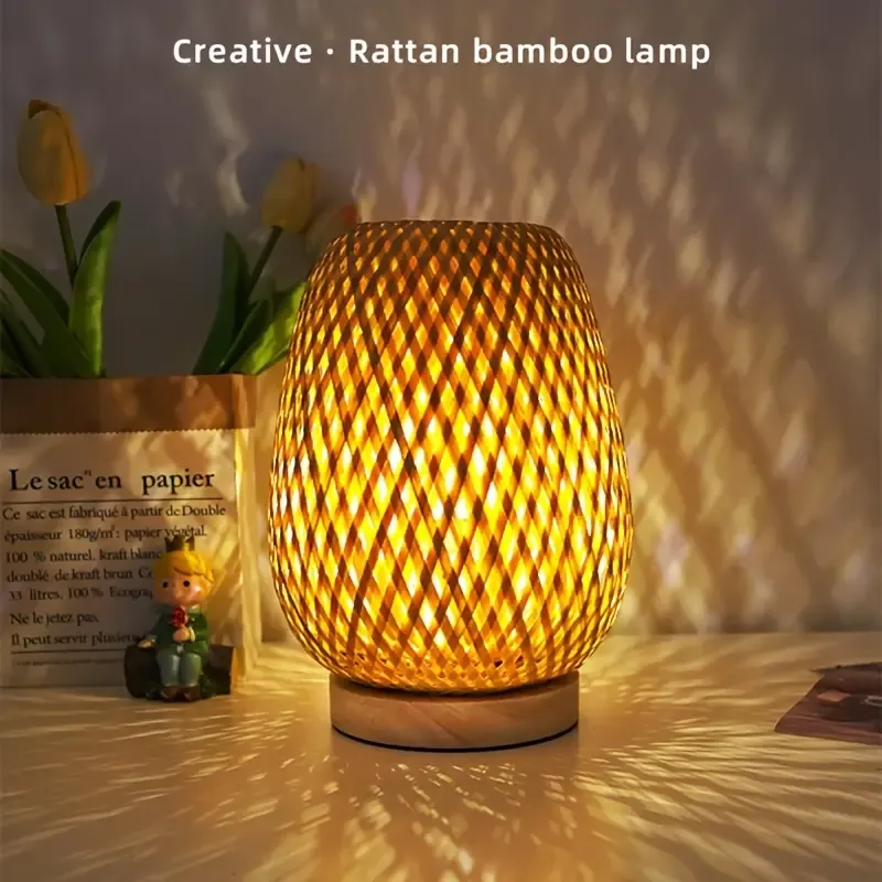 1pc Retro Japanese Style Desk Lamp, Bamboo Woven Desk Lamp, Creative Handmade Rattan, Bedroom, Dining Room, Bedside Desk Lamp, USDLED Desk Lamp, Wooden House Decoration Desk Lamp