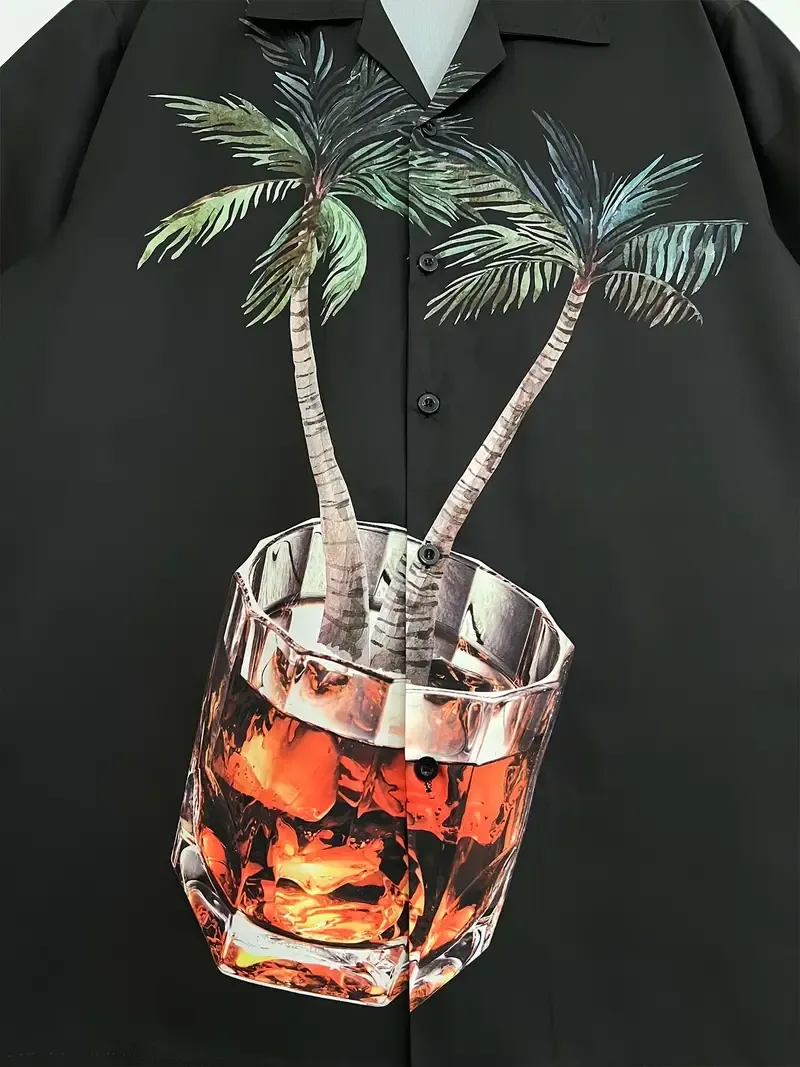 Coconut Tree And Wine Glass Print Men's Summer Fashionable And Simple Short Sleeve Button Casual Lapel Shirt, Trendy And Versatile, Suitable For Dates, Beach Holiday, As Gifts