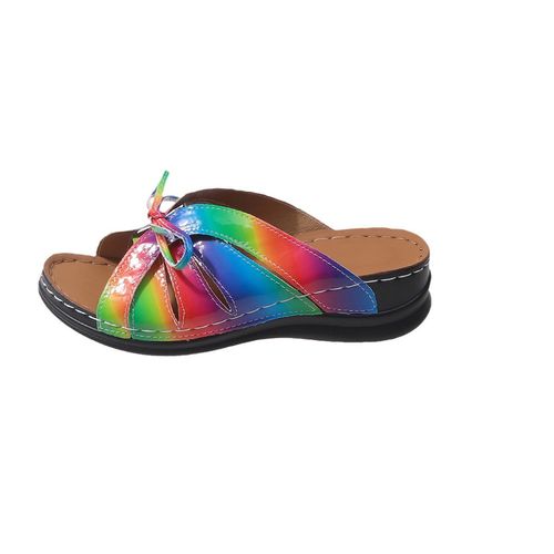 Women's Bowknot Slide Shoes, Peep Toe Arch Support Slip On Shoes, Comfort Outdoor Slide Sandals