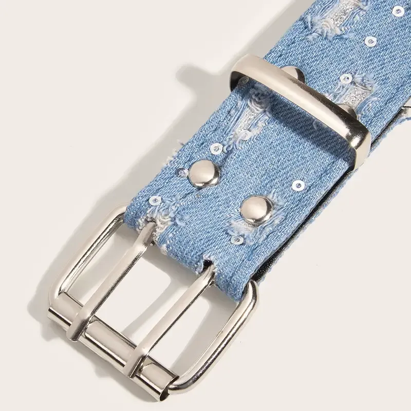 Punk Double Eyelet Denim Belts Trendy Blue Washed Distressed Waistband Hip Hop Jeans Pants Belt For Women & Men
