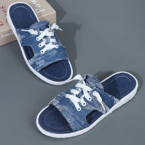 Flat-bottomed daily canvas one-line women's slippers