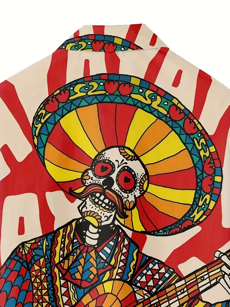 Skull Print Men's Summer Fashionable And Simple Short Sleeve Button Casual Lapel Shirt, Trendy And Versatile, Suitable For Dates, Beach Holiday, As Gifts
