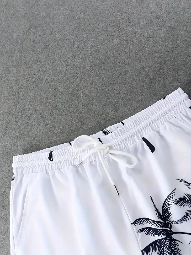 Men's 2-Piece Set, 3D Palm Tree Print, Summer Casual Short-Sleeve Collared Shirt & Drawstring Pocket Shorts