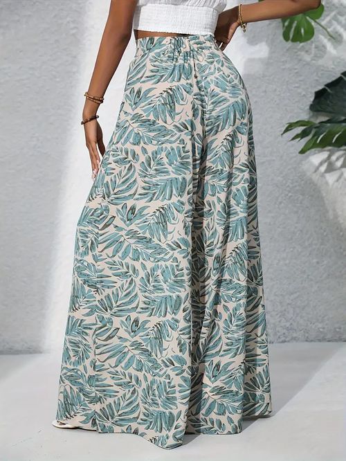 Printed casual high-waisted wide-leg trousers and long pants