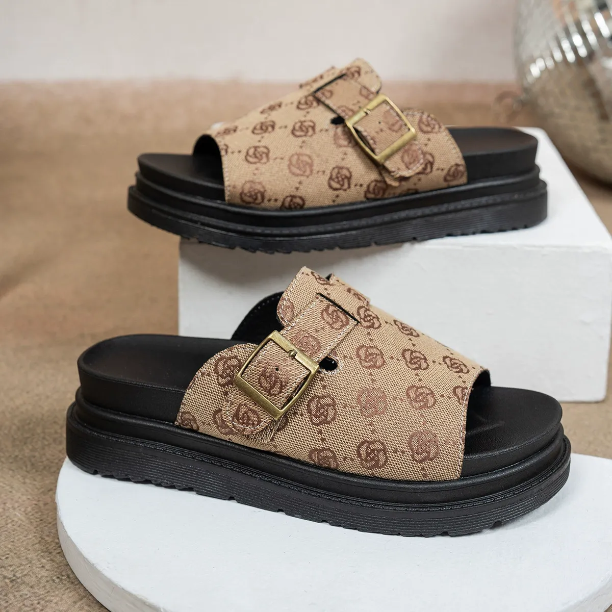 New high-end thick-soled ankle strap leather buckle one-piece Roman-style slippers