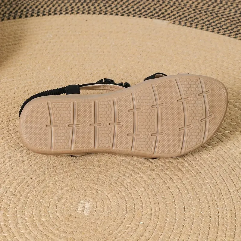 Women's Rhinestone Flower Sandals, Lightweight Flat Elastic Strap Holiday Shoes, Summer Beach Shoes