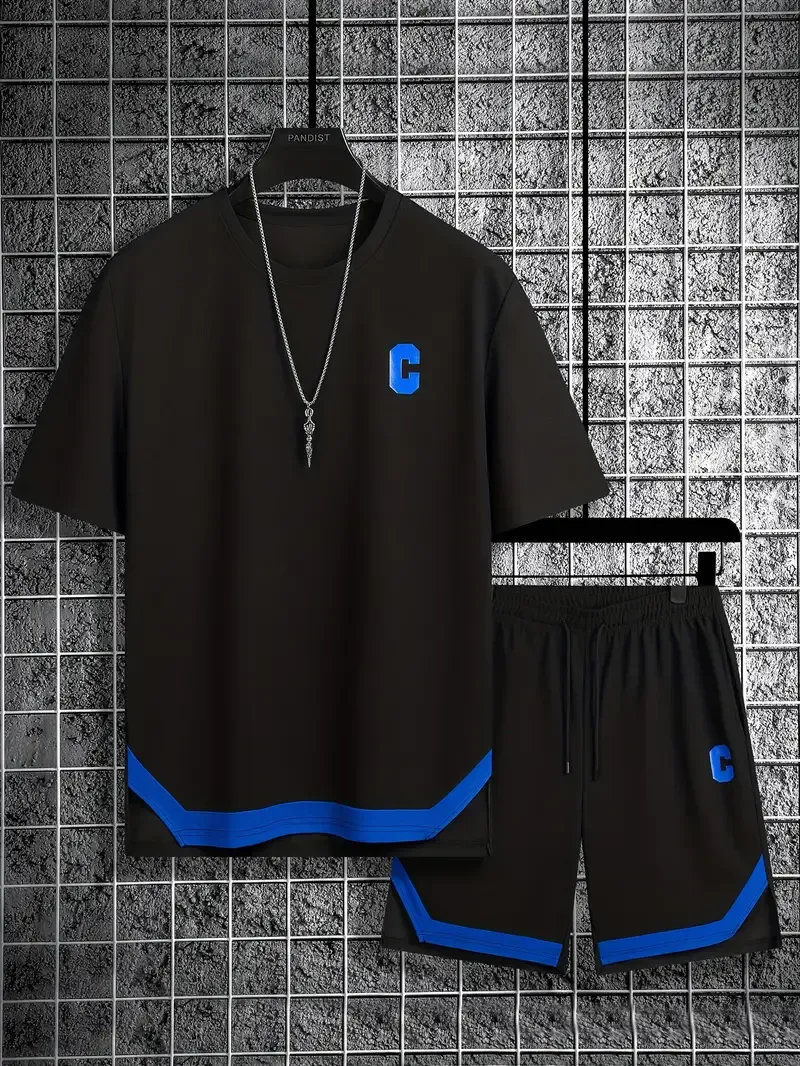 Men's Casual Sportswear Set, Fashionable Versatile Two-Piece Outfit With Blue Accents, Short Sleeve T-shirt And Shorts Combo