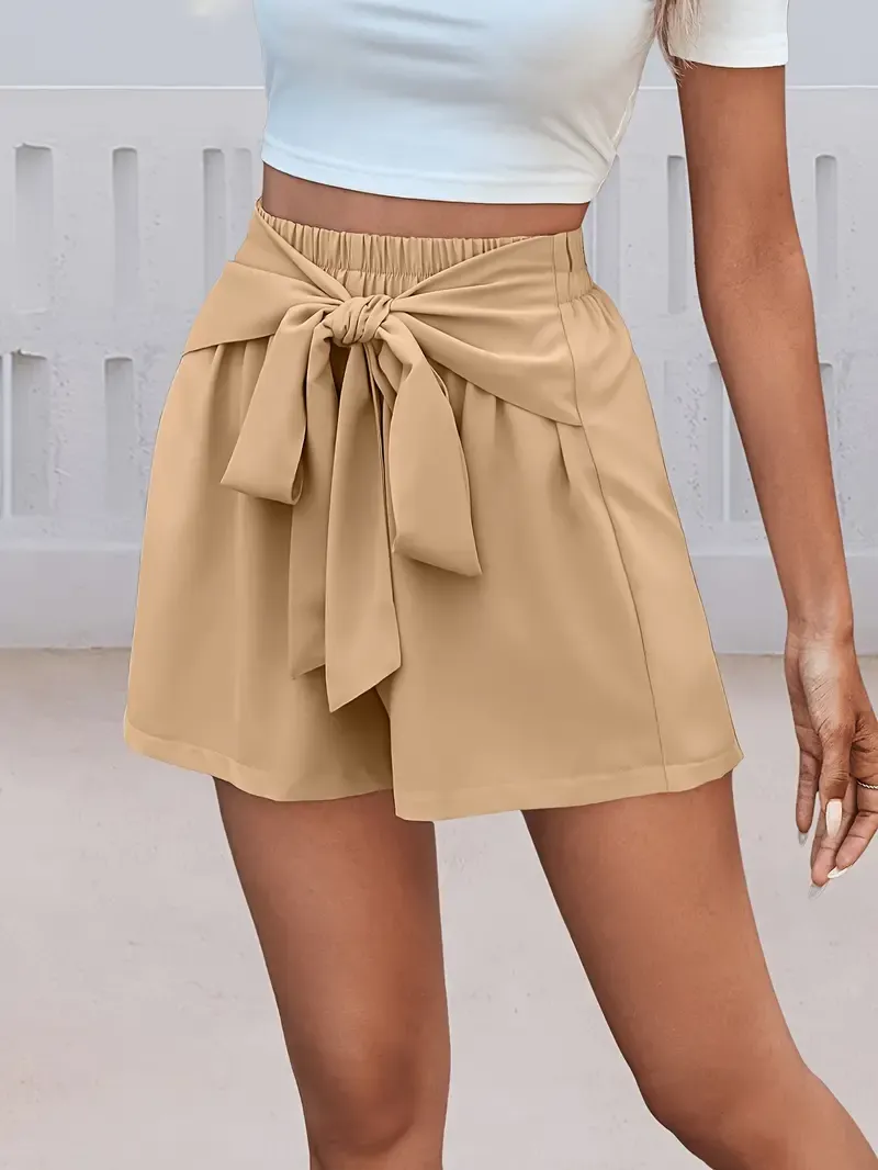 High Waist Lace Up Solid Color Shorts, Loose Fit Casual Shorts for Spring & Summer, Women's Clothing
