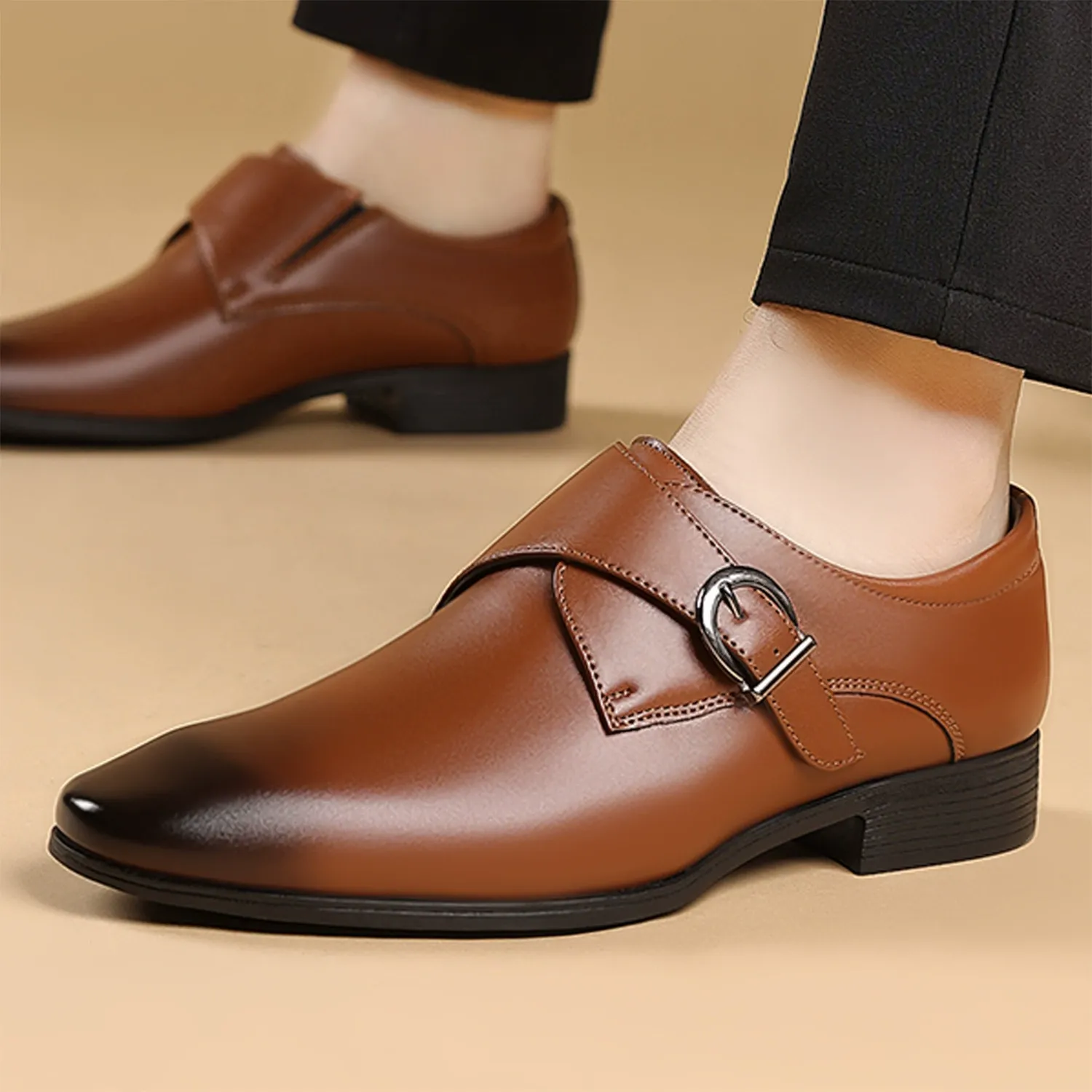 New style pointed toe business leather shoes men's buckle shoes