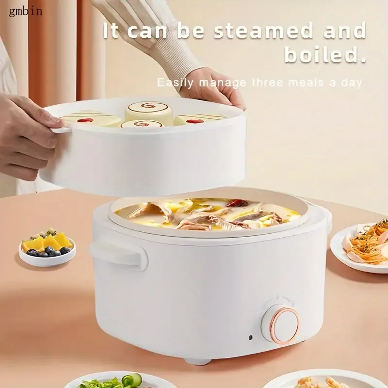 Gmbin Multifunctional Electric Cooker with Steamer - 220V-240V British Specification Plug - Power Supply Operated, Versatile Cooking Pot with ABS Material for Boiling, Steaming, and Frying