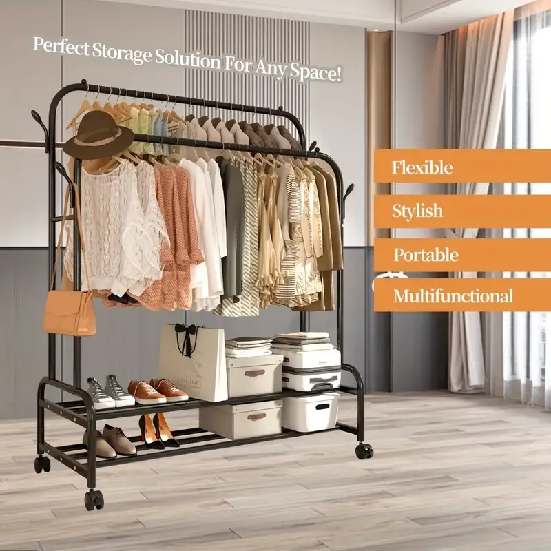 Sturdy Metal Double Rodding Clothes Rack With Wheels