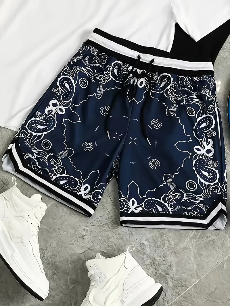 Loose Fit Men's Shorts with Active Elastic Waist, Paisley Graphic Print Drawstring Shorts for Summer