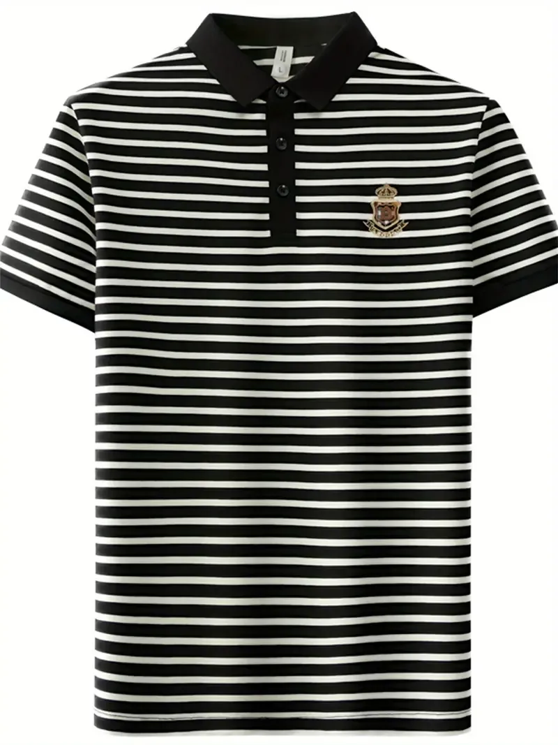 Men's B Embroidery Graphic Print Striped Golf Shirt, Casual Short Sleeve Lapel Shirt For Summer Outdoor