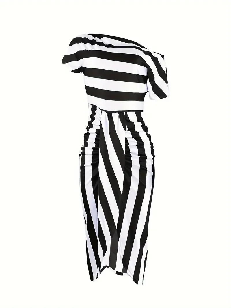 Slant Shoulder Striped Bodycon Dress, Elegant Short Sleeve Asymmetrical Neck Dress For Spring & Summer, Women's Clothing