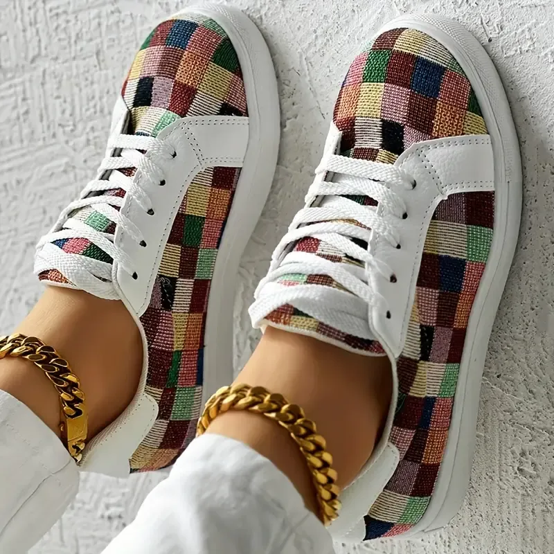 Women's Colorful Lace-Up Sneakers, Casual Low-Top Fashion Walking Daily Shoes, Comfortable Plaid Print Footwear