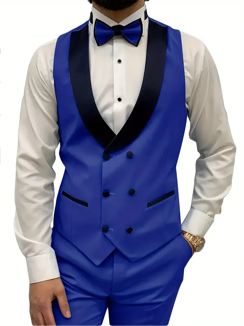 3pcs Men's Suits Set, Slim Fit Double Breasted Suit Vest + Long Sleeve Classic Lapel Suit Jacket + Suit Pant, Male Clothing For Wedding Banquet, Party, Business Occasions