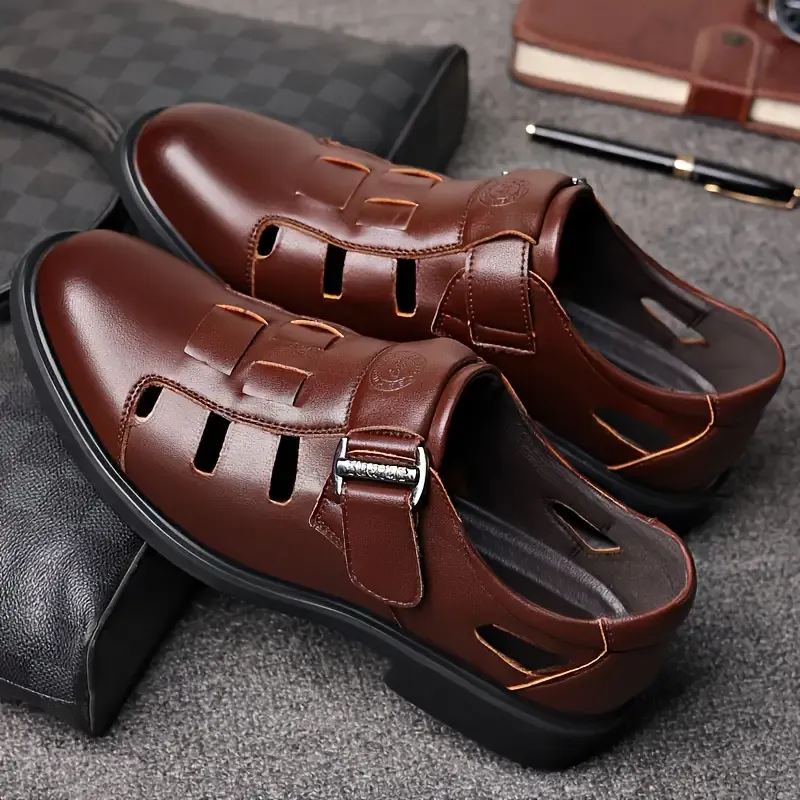 Men's Casual Hollow-Out Sandals - Comfortable & Stylish Business Shoes With Magic Tape Closure, Non-Slip Rubber Sole
