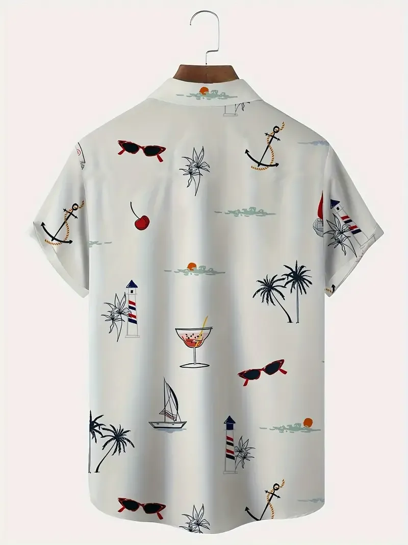 Men's Trendy Hawaiian Lapel Collar Graphic Shirt With Stylish Print For Summer Beach, Pool And Resort, Comfort Fit