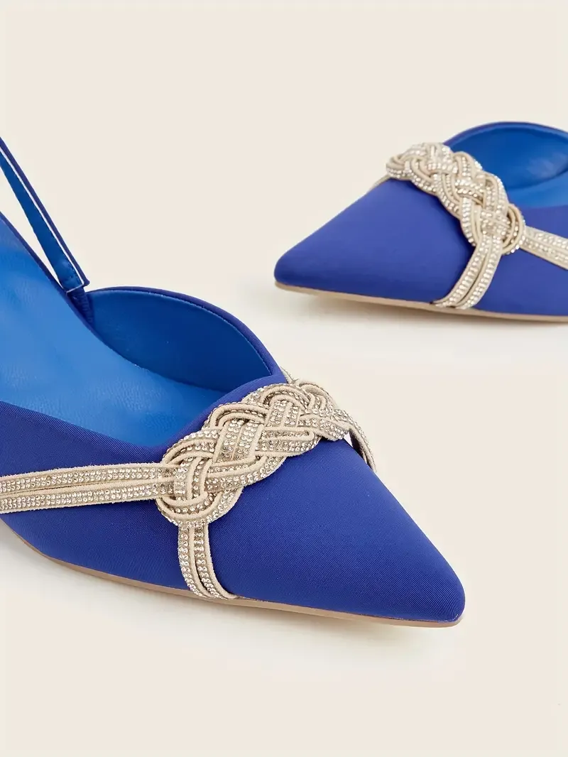 Women's Slingback Kitten Heels, Rhinestone Braided Strap Slip On Sandals, Solid Color Elastic Strap Low Heels