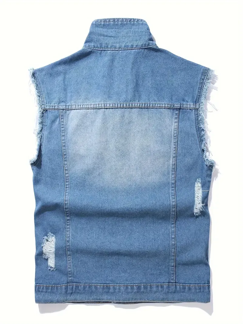 Men's Casual Button Up Lapel Collar Denim Vest Jacket With Breasted Pockets And Frayed And Distressed Pieces, Trendy And Stylish Tops For Summer Street Wear